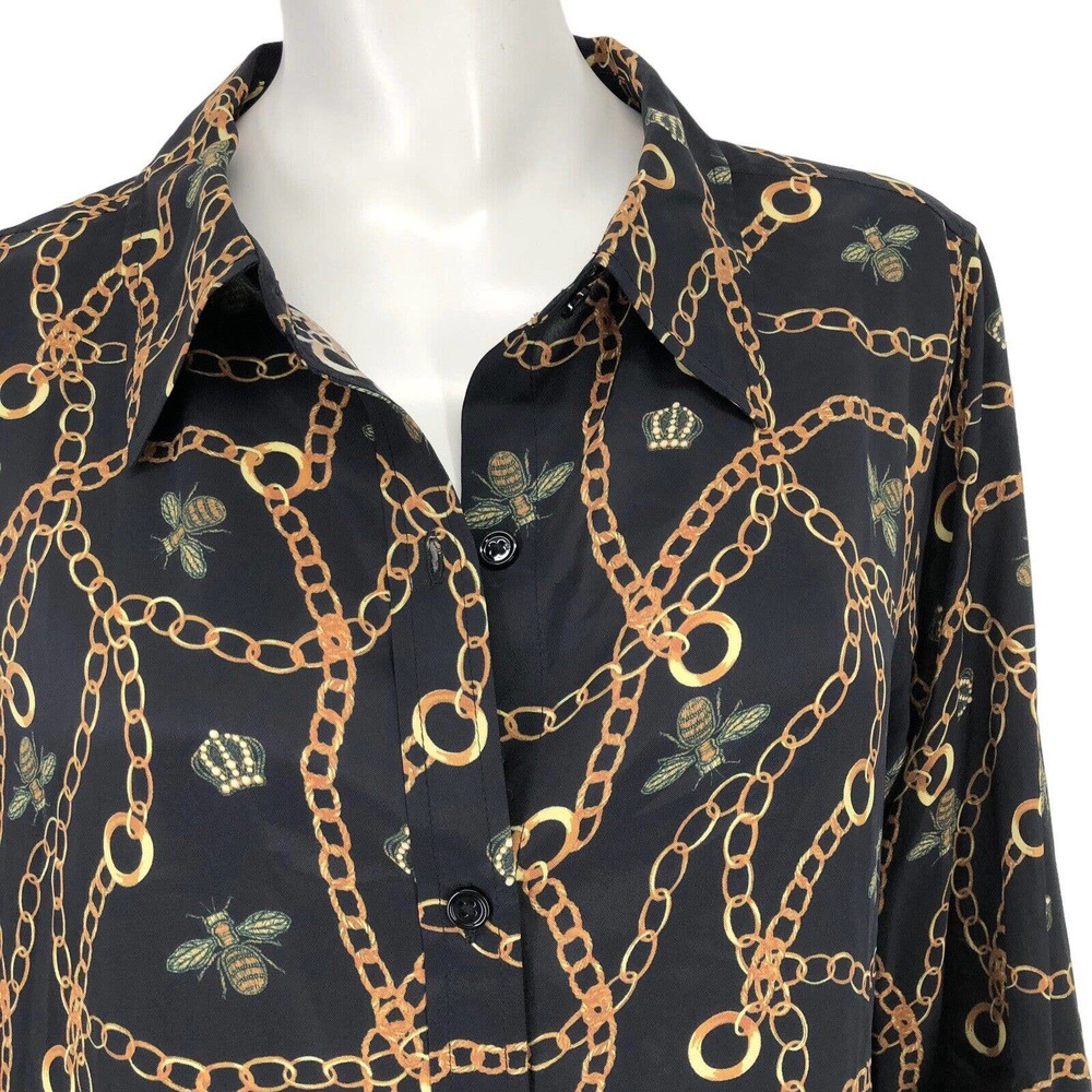 DG2 Womens Large Queen Bee Chain Print Shirt Top Blouse Silk Blend Crown L